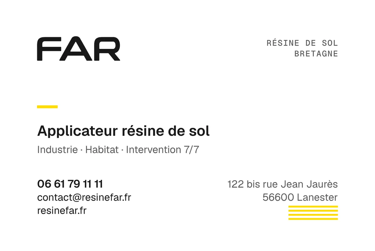 Recto de la carte de visite FAR : logo, Applicateur résine de sol, téléphone, adresse à Lanester et Strates jaunes