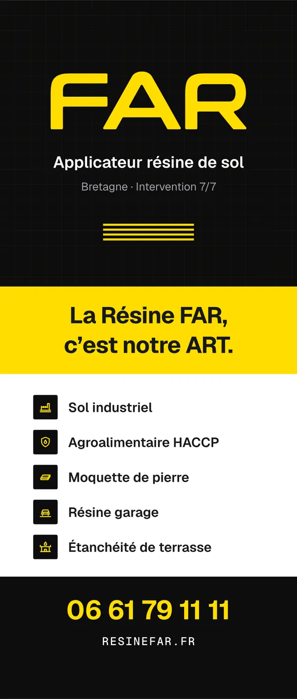 Kakémono FAR : logo jaune sur encre, baseline sur bandeau jaune, cinq prestations avec pictogrammes et téléphone