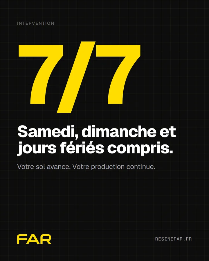 Publication réseaux sociaux FAR : 7/7 en grand chiffre jaune sur trame encre, samedi, dimanche et jours fériés compris