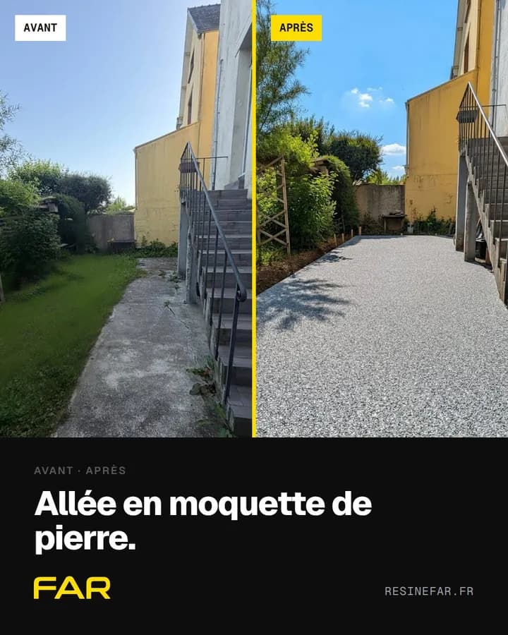 Publication réseaux sociaux FAR : avant et après d’une allée en moquette de pierre, séparés par un filet jaune