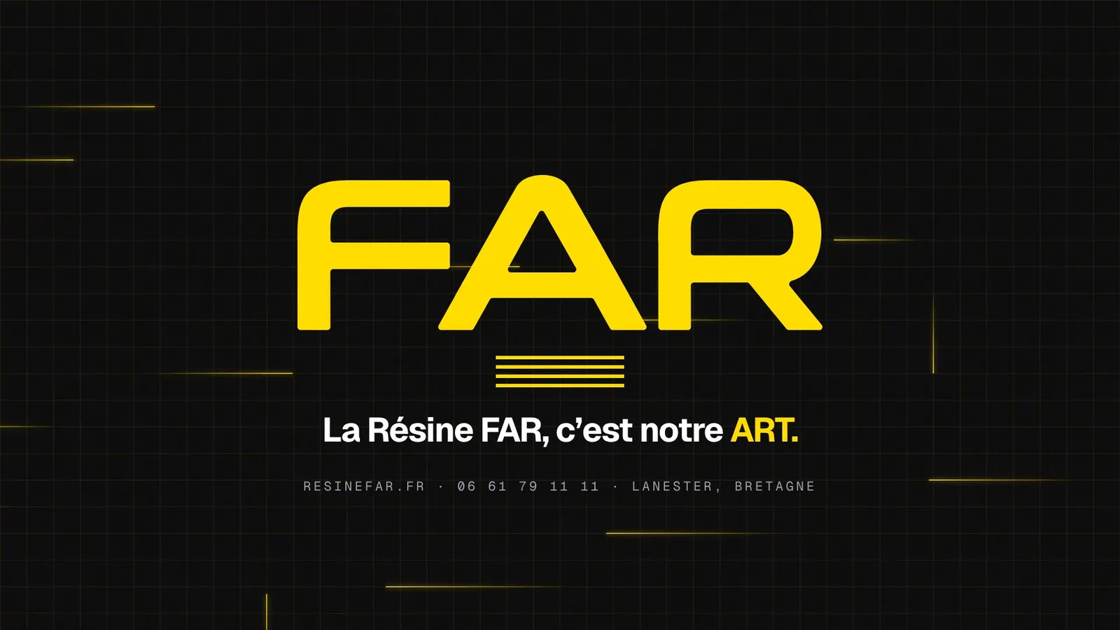 Affiche du showreel de la marque FAR : logo jaune, Strates et baseline sur la trame encre
